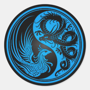 Pegatina Redonda Dragón azul y negro Phoenix Yin Yang