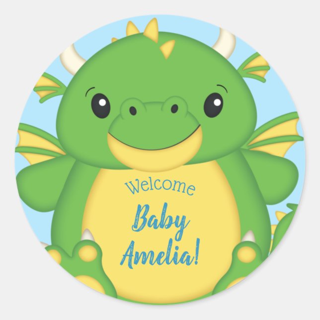 Pegatina Redonda Dragon Baby Shower Blue (Anverso)