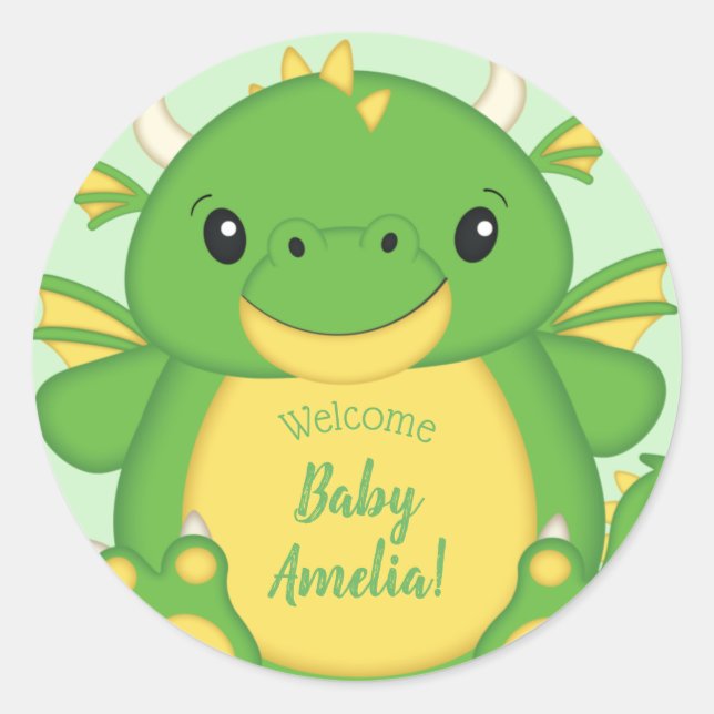 Pegatina Redonda Dragon Baby Shower Green (Anverso)