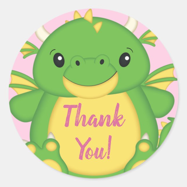 Pegatina Redonda Dragon Baby Shower Pink (Anverso)