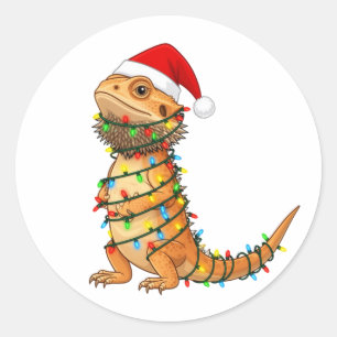 Pegatina Redonda  Dragón Barbudo de Navidad Pogona Vitticeps Santa 