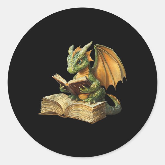 Pegatina Redonda Dragon Bookworm Reading Book Funny Graphic (Anverso)