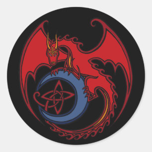 Pegatina Redonda Dragón Celta Negro Rojo Y Dibujo Moon Azul