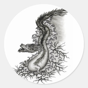 Pegatina Redonda Dragón chino, diseño blanco y negro en tatuostyl