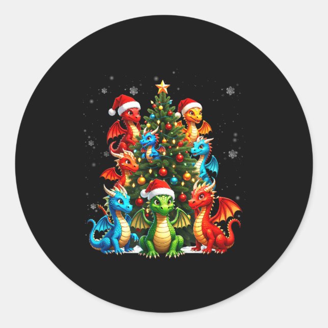 Pegatina Redonda Dragon Christmas Tree Squad Santa Hat Fantasy Myth (Anverso)