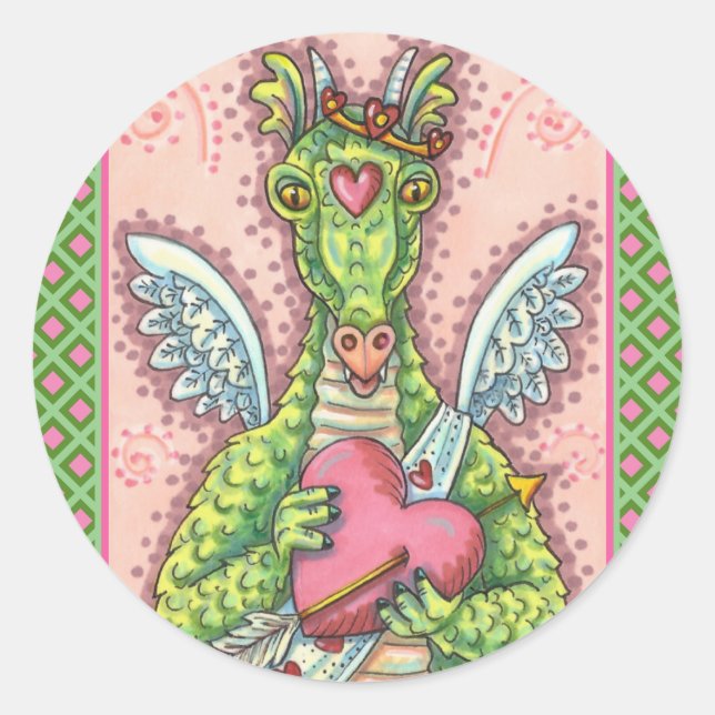PEGATINA REDONDA DRAGÓN CUPIDO, FANTASÍA CARDÍACA Y FLOR VALENTINA (Anverso)