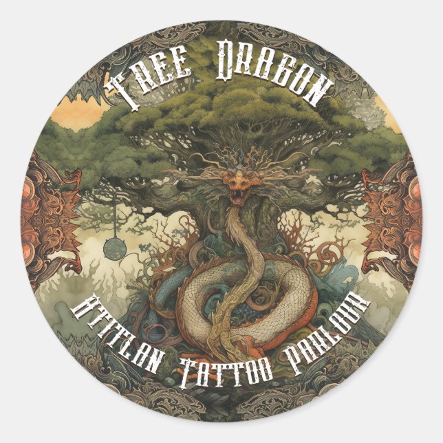Pegatina Redonda Dragon de árbol japonés Bonsai Tree AI Art (Anverso)