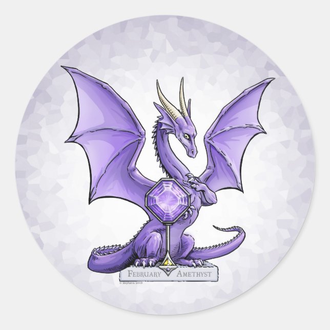 Pegatina Redonda Dragón de Birthstone de Febrero - Amethyst (Anverso)