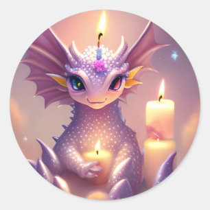 Pegatina Redonda Dragón de fantasía con velas de cumpleaños