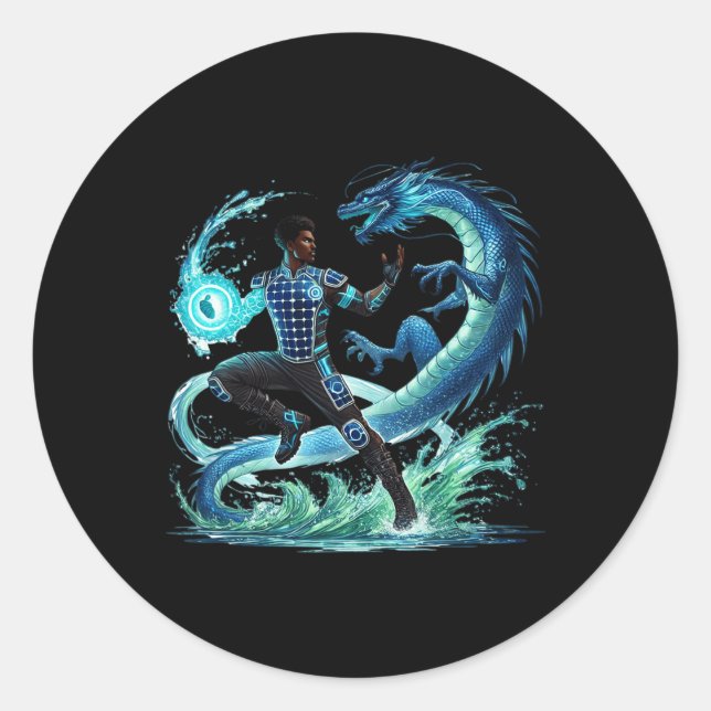 Pegatina Redonda Dragón de fantasía hombre negro afroamericano (Anverso)