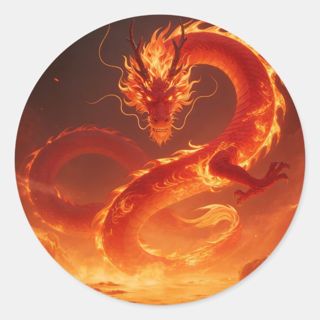 Pegatina Redonda Dragón de Fuego Ardiente | Dragón de Llama Mítica  (Anverso)