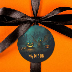 Pegatina Redonda Dragón de Halloween lindo con nombre de calabazas