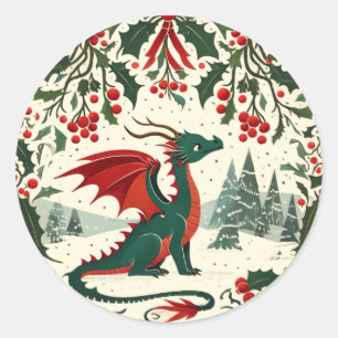 Pegatina Redonda Dragón de Navidad