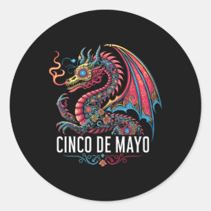 Pegatina Redonda Dragón divertido Cinco De Mayo Flor De Azúcar Mexi