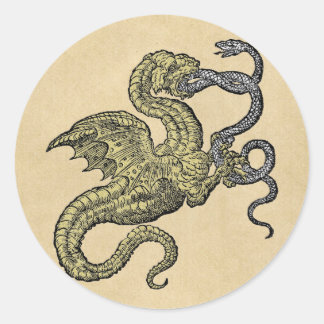 Pegatina Redonda Dragón dorado lucha contra la serpiente de plata