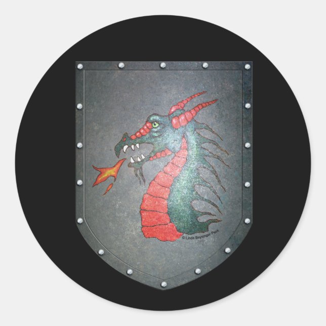 Pegatina Redonda Dragón Escudo metalizado en negro (Anverso)