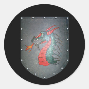 Pegatina Redonda Dragón Escudo metalizado en negro