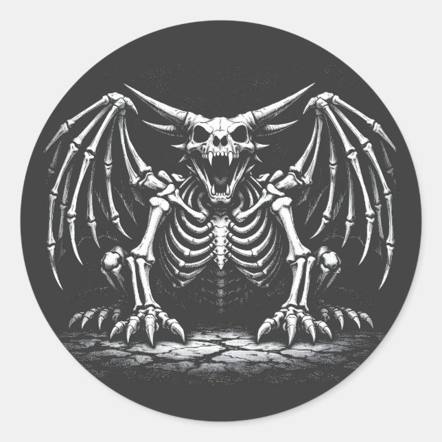 Pegatina Redonda Dragón Esqueleto por BurnsInHell (Anverso)