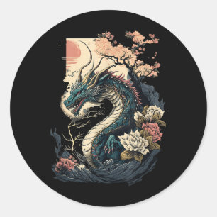 Pegatina Redonda Dragón estético japonés arte japonés japonés tatua