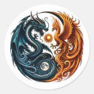 Pegatina Redonda Dragón & Fénix Yin Yang