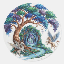 Pegatina Redonda Dragon Flight Over the Waterfall Realm