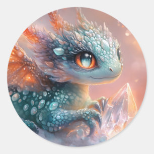 Pegatina Redonda Dragón infantil adorable con gema de cristal: arte