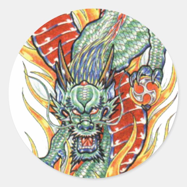 Pegatina Redonda Dragón japonés y flores del Lotus (Anverso)