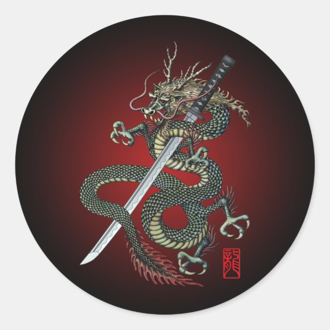 Pegatina Redonda Dragon katana (Anverso)