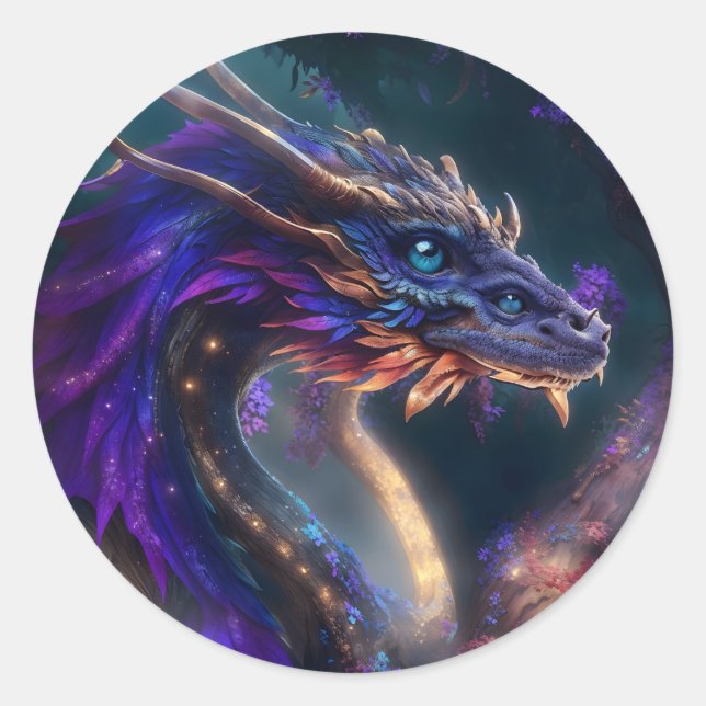 Pegatina Redonda Dragón morado mágico (Anverso)
