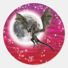 Pegatina Redonda Dragón Negro - Criatura Fantástica Mítica Cielo Ro