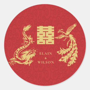 Pegatina Redonda Dragon-Phoenix Doble Xi Oro Rojo