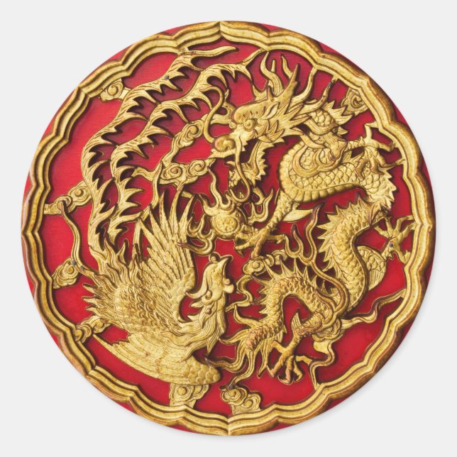 Pegatina Redonda Dragon Phoenix Red Gold Favor De La Boda China (Anverso)