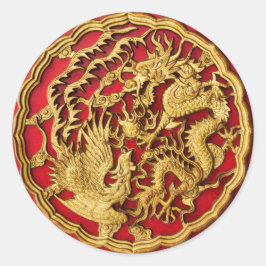 Pegatina Redonda Dragon Phoenix Red Gold Favor De La Boda China