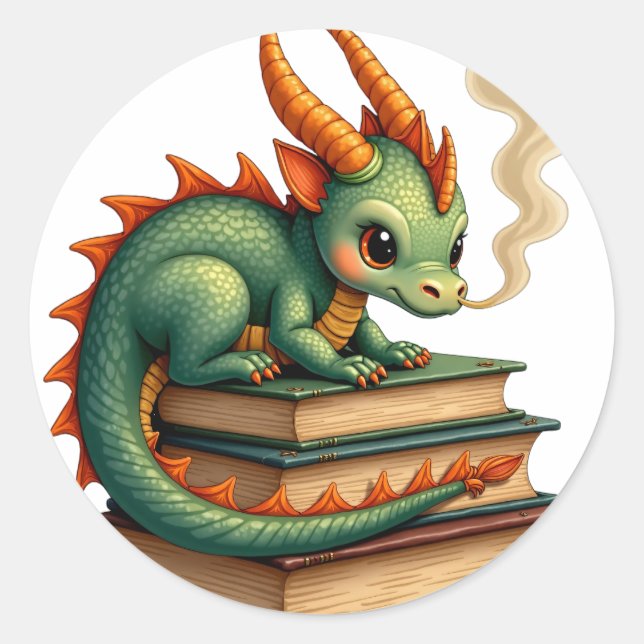 Pegatina Redonda Dragón que atesora libros (Anverso)