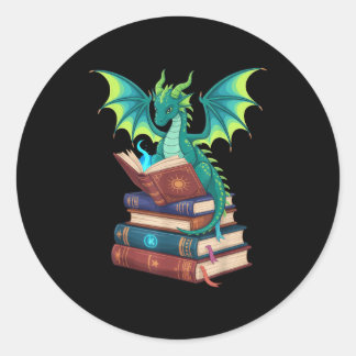 Pegatina Redonda Dragon Reading Books Fantasy Lovers Mythical Creat