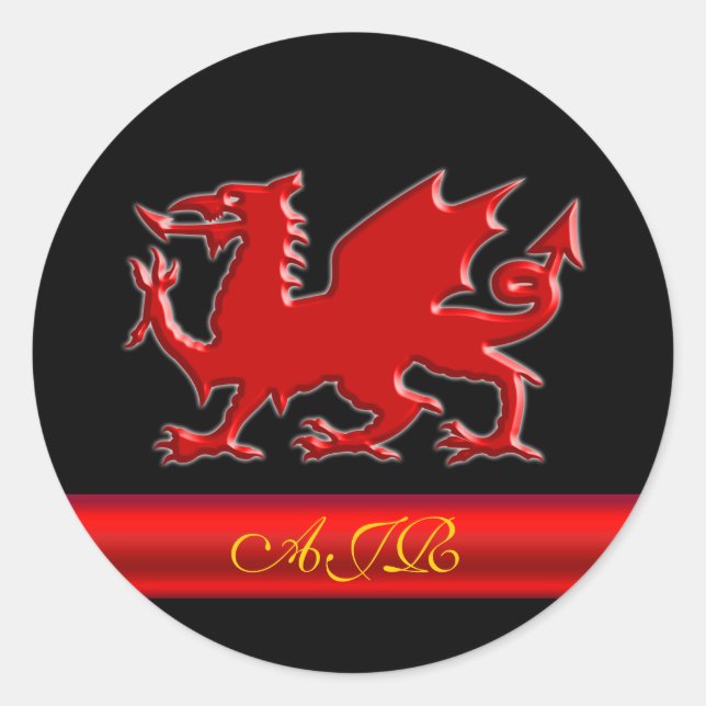 Pegatina Redonda Dragón rojo monogramo, banda de efecto metálico ro (Anverso)