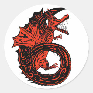 Pegatina Redonda Dragón rojo y negro alado número 6 seis