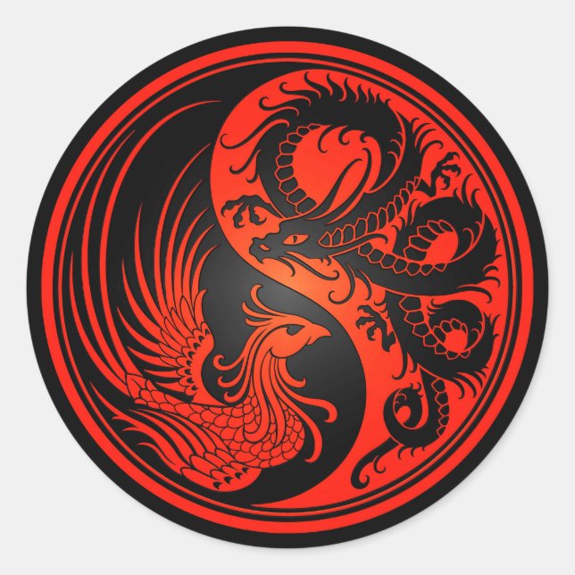 Pegatina Redonda Dragón rojo y negro Phoenix Yin Yang (Anverso)