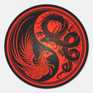 Pegatina Redonda Dragón rojo y negro Phoenix Yin Yang
