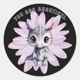 Pegatina Redonda Dragón Rosa Cuto Whimsical "Eres Hermoso"