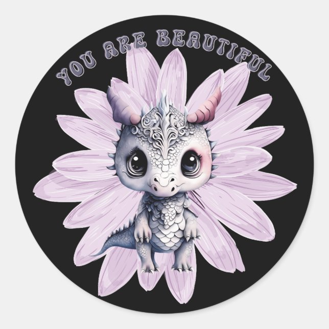 Pegatina Redonda Dragón Rosa Cuto Whimsical "Eres Hermoso" (Anverso)