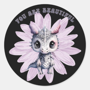 Pegatina Redonda Dragón Rosa Cuto Whimsical "Eres Hermoso"