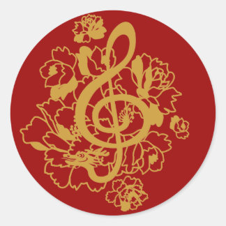 Pegatina Redonda Dragon Treble Clef Peonies Music Design Sticker