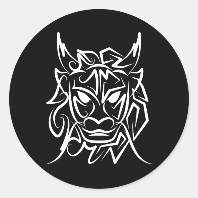 Pegatina Redonda Dragón tribal blanco y negro (Anverso)