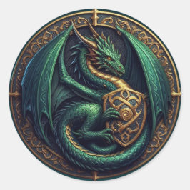 Pegatina Redonda Dragón verde con Escudo
