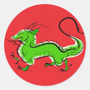Pegatina Redonda Dragón verde en rojo