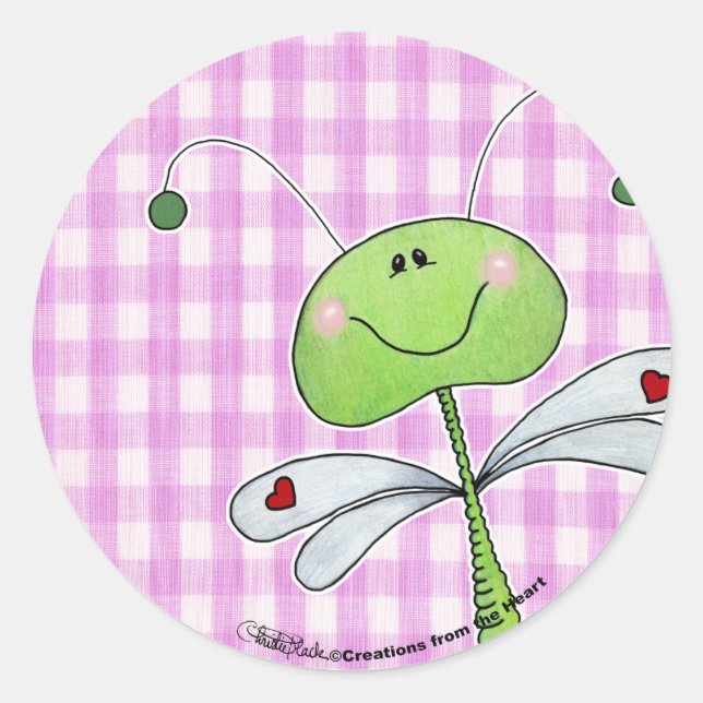 Pegatina Redonda Dragon vuela en Pink Gingham (Anverso)