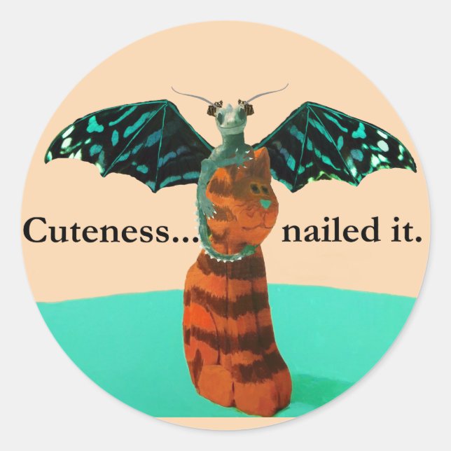 Pegatina Redonda Dragón y gato de madera (Anverso)