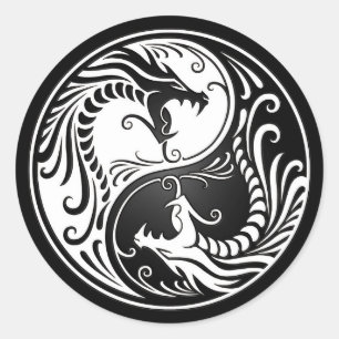 Pegatina Redonda Dragones blancos y negros de Yin Yang