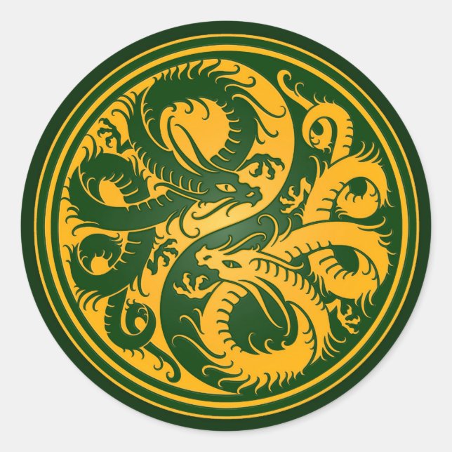 Pegatina Redonda Dragones chinos de Yang amarillo y verde (Anverso)